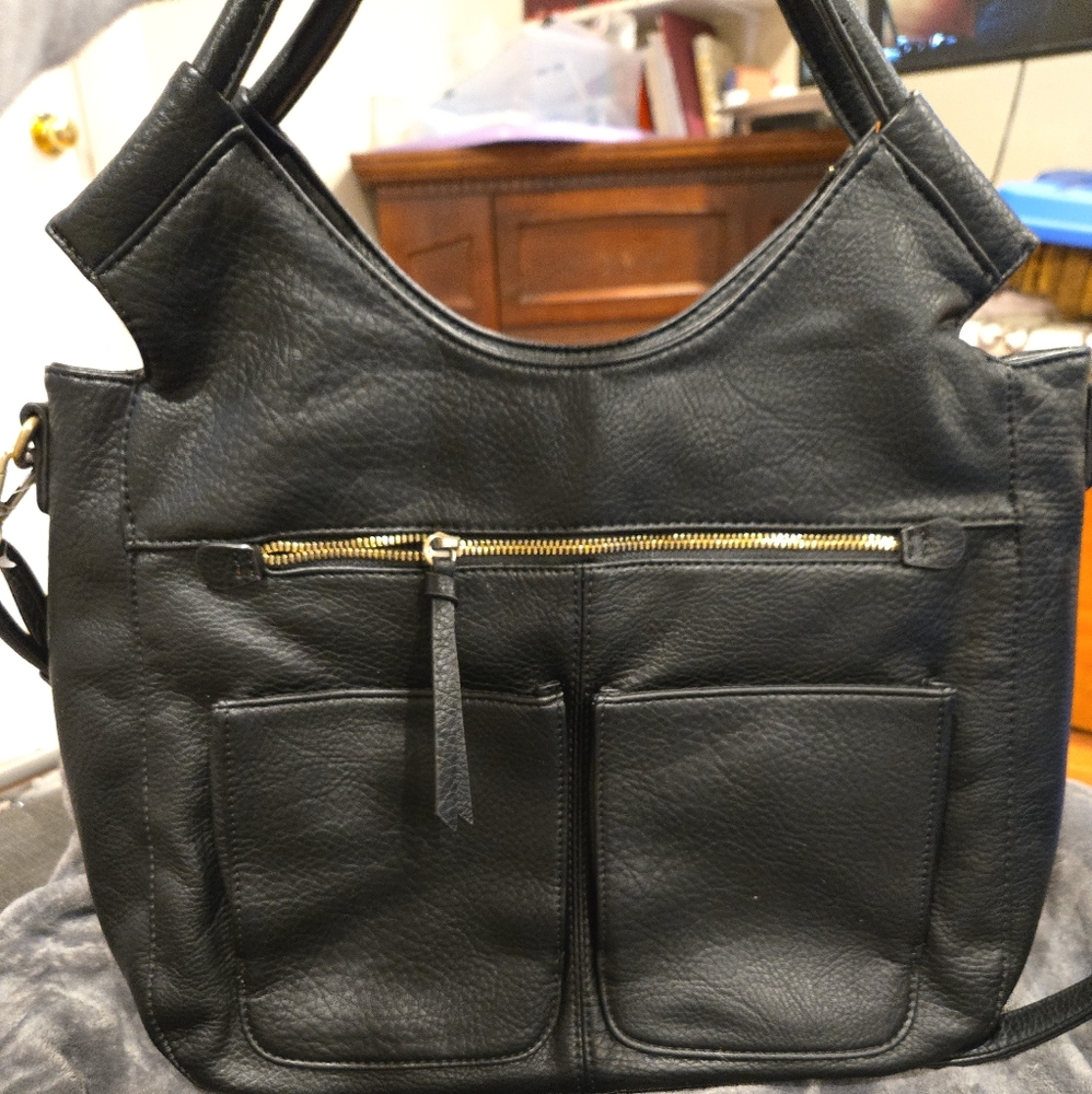 Black Leather Shoulder Bag with Gold Zippers - Picture 4 of 4